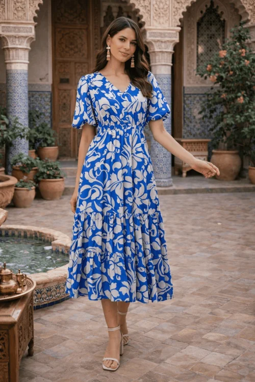 Style Cheat Blue Printed Puff Sleeve Midi Dress - 12 Image 1