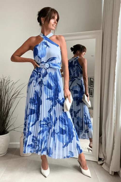 Style Cheat Blue Floral Paige Halter Pleated Belted Dress - 8 Image 3