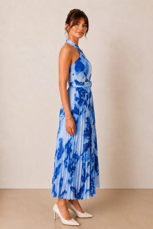 Style Cheat Blue Floral Paige Halter Pleated Belted Dress - 8 Image 6
