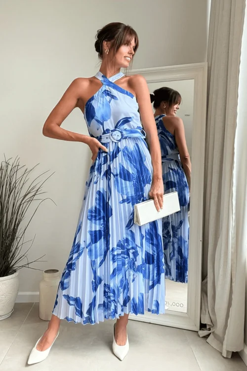 Style Cheat Blue Floral Paige Halter Pleated Belted Dress - 8 Image 1