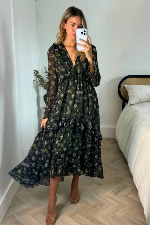 Style Cheat Blurred Khaki Floral Birdie Frill Tie Back Maxi Dress - 6 Image 1