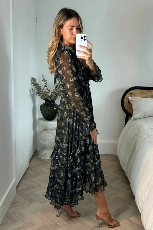 Style Cheat Blurred Khaki Floral Birdie Frill Tie Back Maxi Dress - 6 Image 3