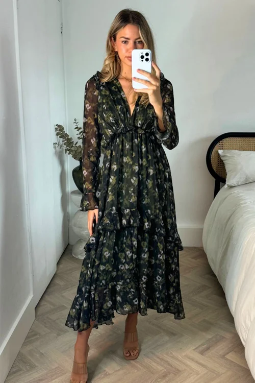Style Cheat Blurred Khaki Floral Birdie Frill Tie Back Maxi Dress - 6 Image 2