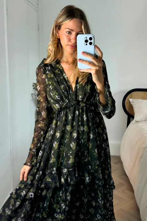 Style Cheat Blurred Khaki Floral Birdie Frill Tie Back Maxi Dress - 6 Image 4