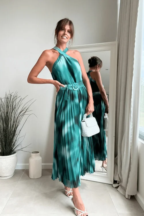 Style Cheat Green Floral Print Paige Halter Pleated Belted Dress - 8 Image 2