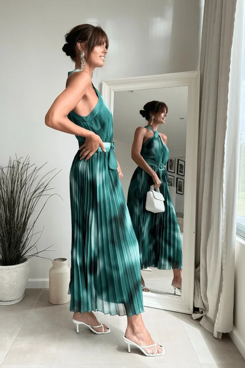 Style Cheat Green Floral Print Paige Halter Pleated Belted Dress - 8 Image 3