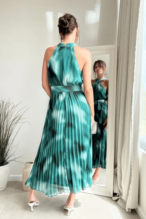 Style Cheat Green Floral Print Paige Halter Pleated Belted Dress - 8 Image 4