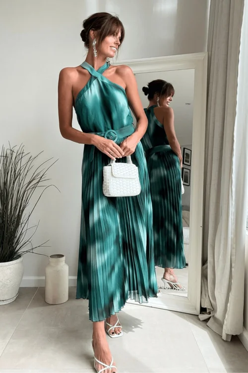 Style Cheat Green Floral Print Paige Halter Pleated Belted Dress - 8 Image 5