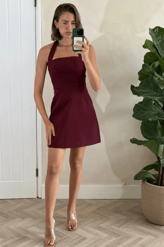 Style Cheat Burgundy Tilly Halter Mini Dress