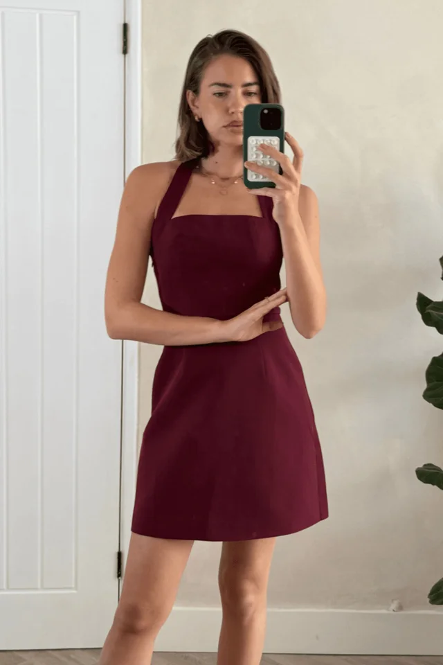 Style Cheat Burgundy Tilly Halter Mini Dress