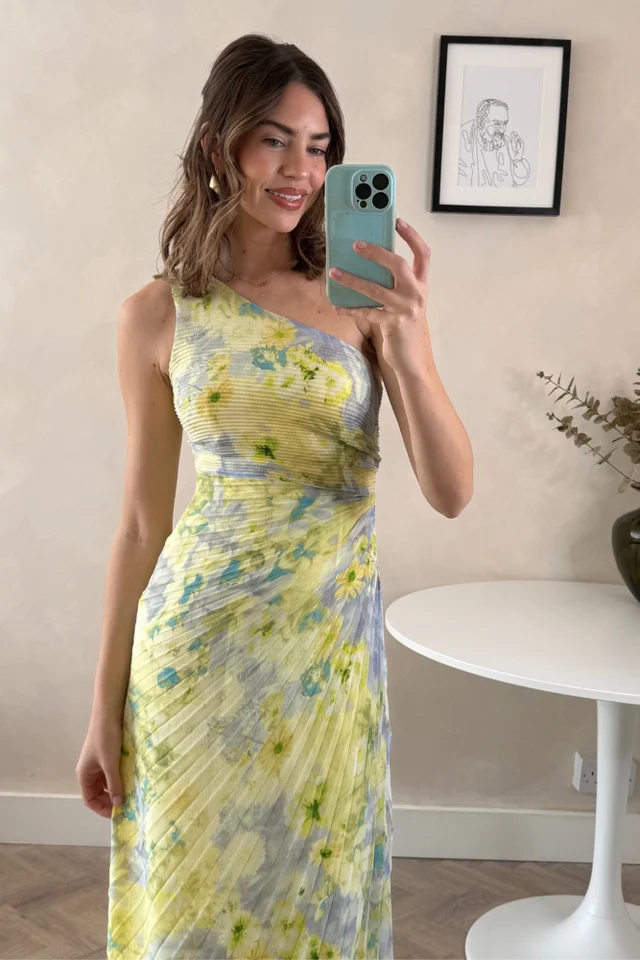 Style Cheat Yellow Floral Marley Asymmetric Pleated Maxi Dress