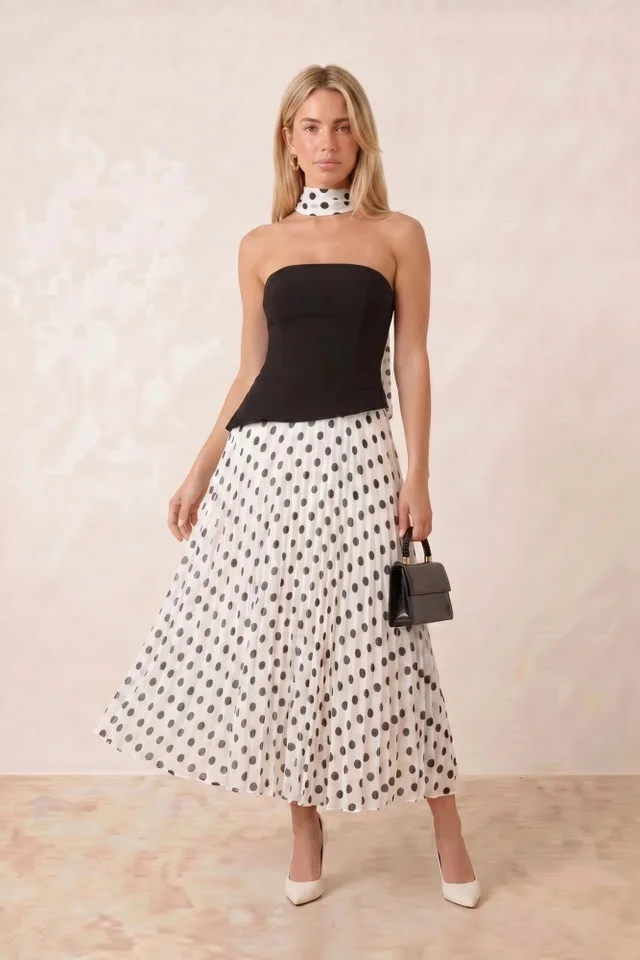 Style Cheat Black Mono Polka Dot Viola Scarf Bandeau Pleat Dress