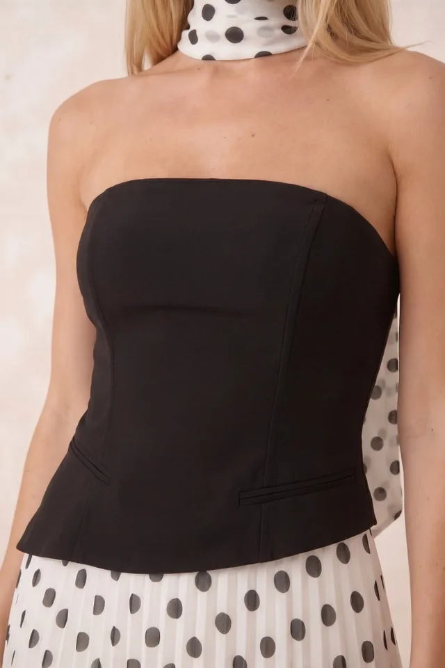Style Cheat Black Mono Polka Dot Viola Scarf Bandeau Pleat Dress