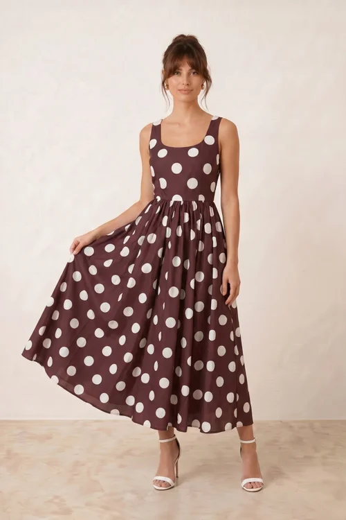Style Cheat Chocolate Brown & Cream Davica Polka Dot Midi Dress - 6 Image 1