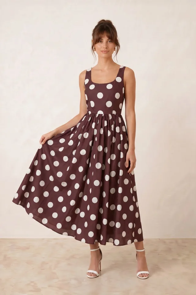 Style Cheat Chocolate Brown & Cream Davica Polka Dot Midi Dress