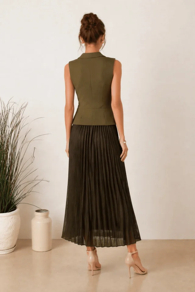 Style Cheat Orlaith Khaki Button Pleat Blazer Dress