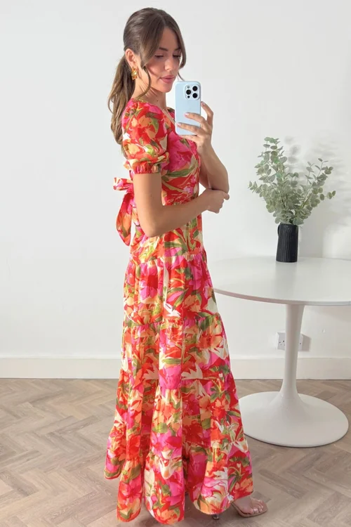 Style Cheat Orange Tropical Print Zoe Tiered Cutout Maxi Dress - 10 Image 2