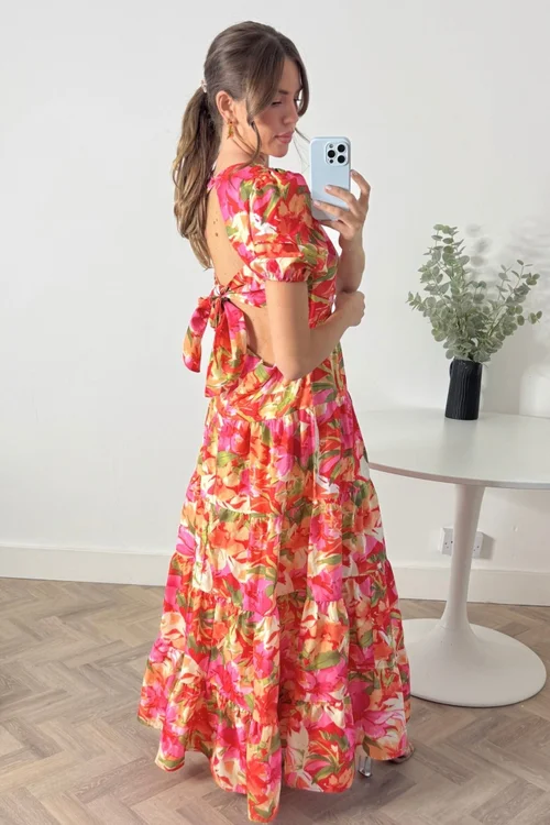 Style Cheat Orange Tropical Print Zoe Tiered Cutout Maxi Dress - 10 Image 4