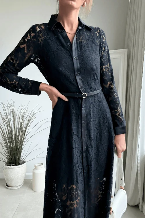 Style Cheat Black Lace Daphne Belted Shirt Dress - 8 Image 3