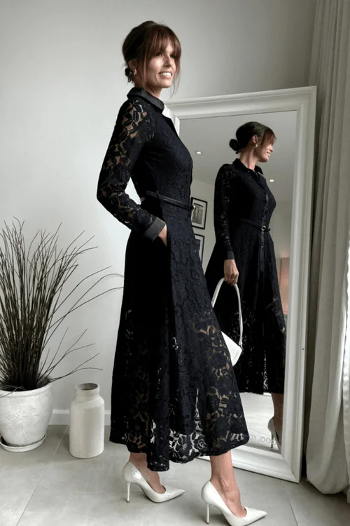 Style Cheat Black Lace Daphne Belted Shirt Dress - 8 Image 2