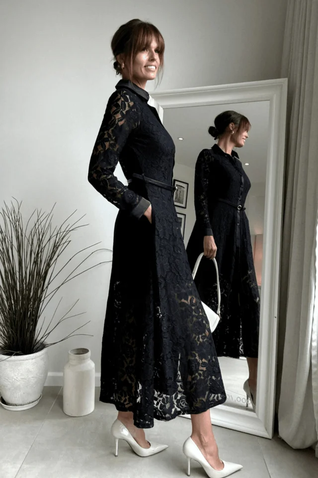 Style Cheat Black Lace Daphne Belted Shirt Dress