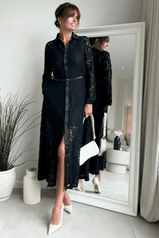 Style Cheat Black Lace Daphne Belted Shirt Dress