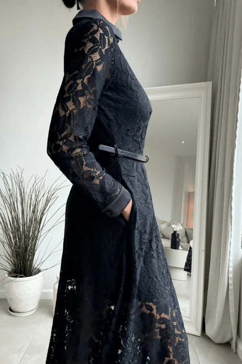 Style Cheat Black Lace Daphne Belted Shirt Dress - 8 Image 6