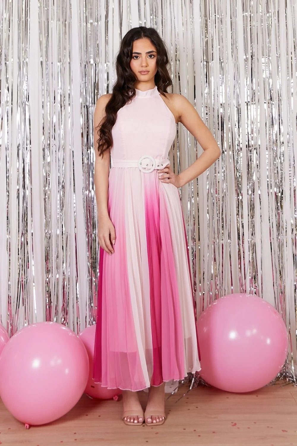 Style Cheat Pink Luisa Belted Pleated Maxi Dress Ombre - 6 Image 5
