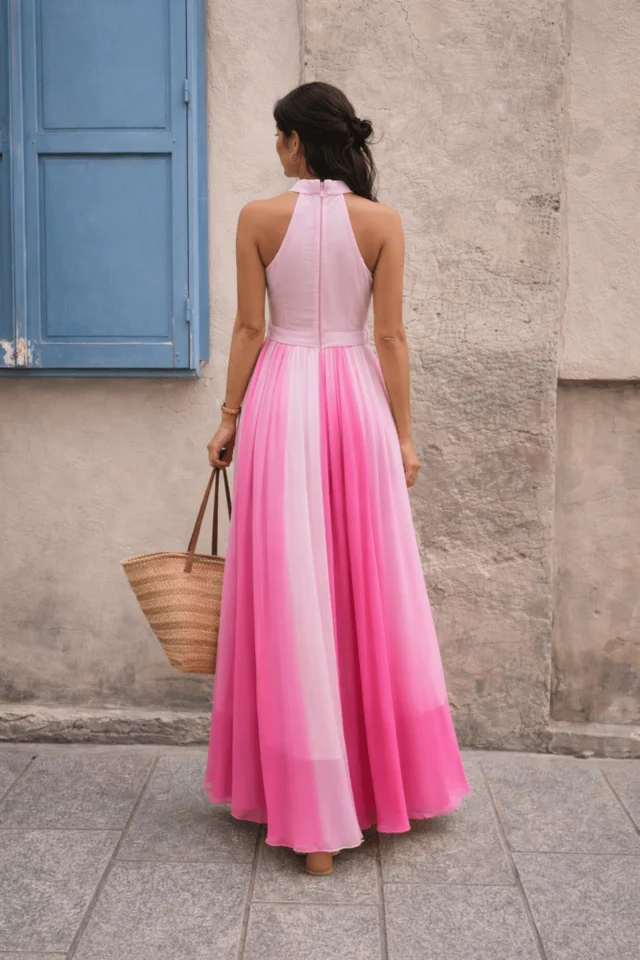 Style Cheat Pink Luisa Belted Pleated Maxi Dress Ombre