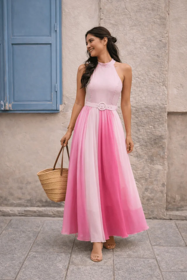 Style Cheat Pink Luisa Belted Pleated Maxi Dress Ombre