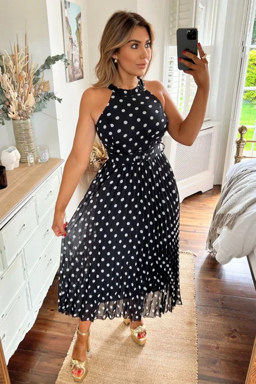 Style Cheat Black Mono Polka Dot Luisa Belted Pleated Maxi Dress - 18 Image 2