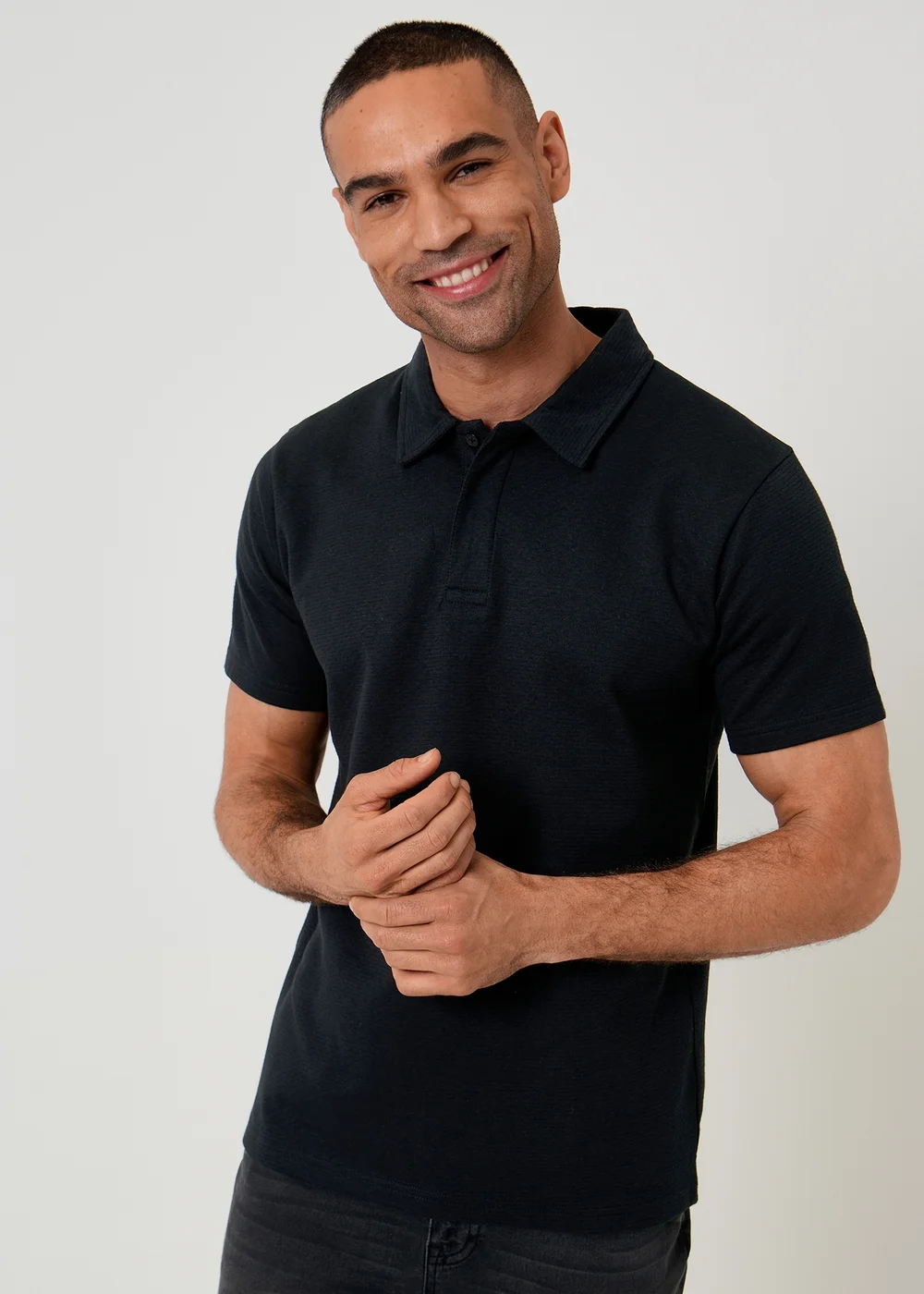 Threadbare Black Textured Cotton Rich Polo Shirt - S Image 1