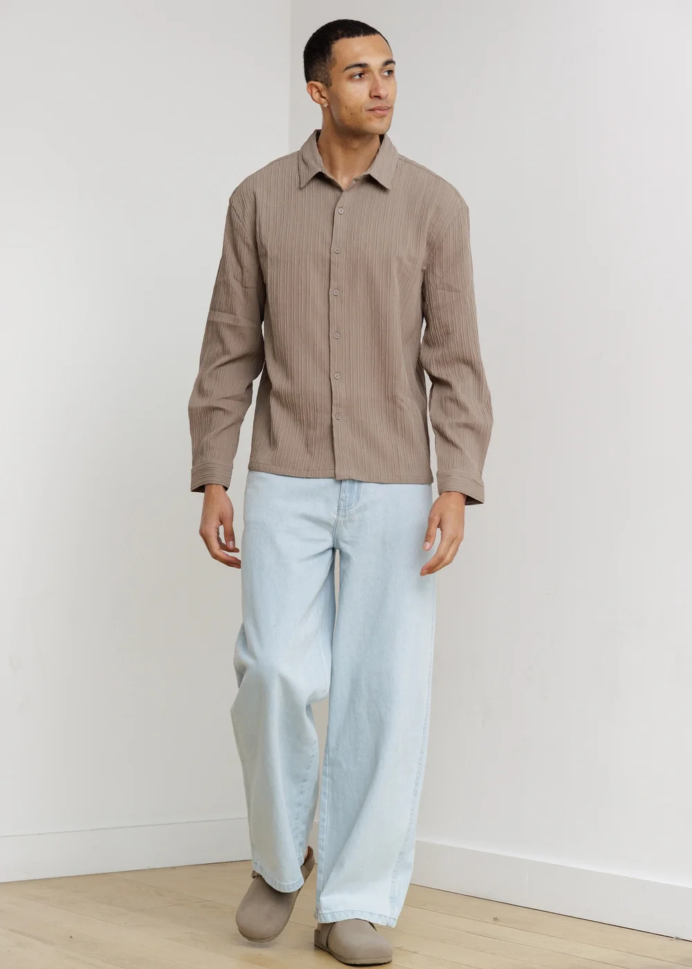 Influence Taupe Plisse Textured Long Sleeve Button Shirt - XL Image 4