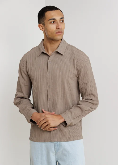 Influence Taupe Plisse Textured Long Sleeve Button Shirt - XL Image 1