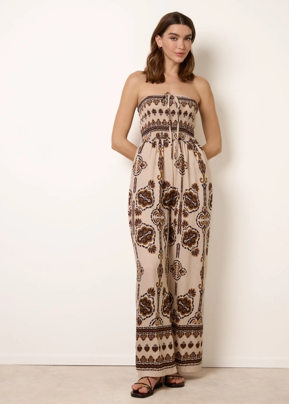 Blue Vanilla Brown Tribal Print Bardot Tie Neck Jumpsuit - S/M Image 5