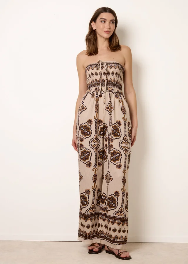 Blue Vanilla Brown Tribal Print Bardot Tie Neck Jumpsuit