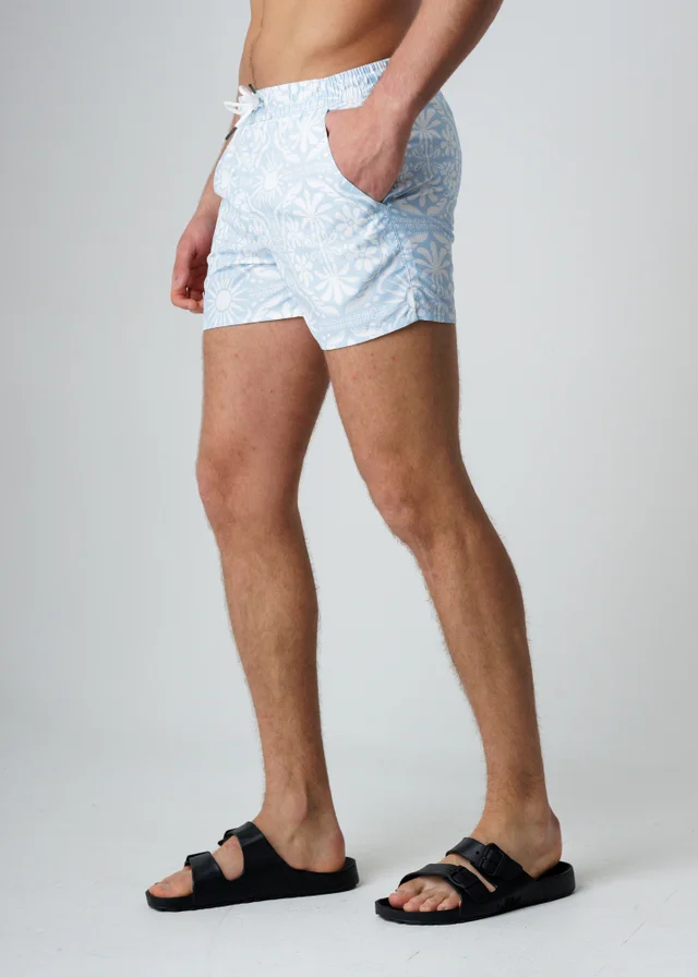 Influence Light Blue Elasticated Bohemian Print Swim Shorts