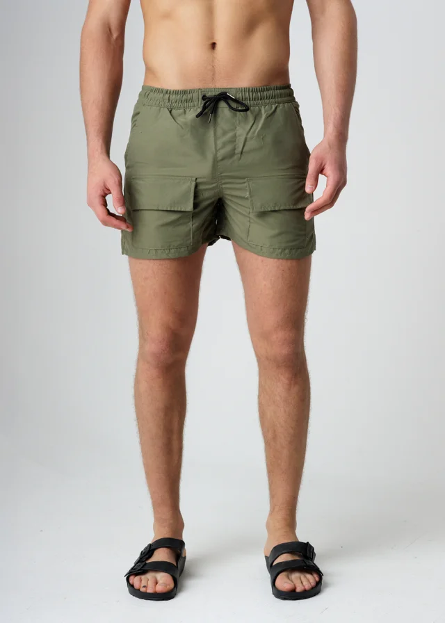 Influence Khaki Elasticated Cargo-Style Swim Shorts