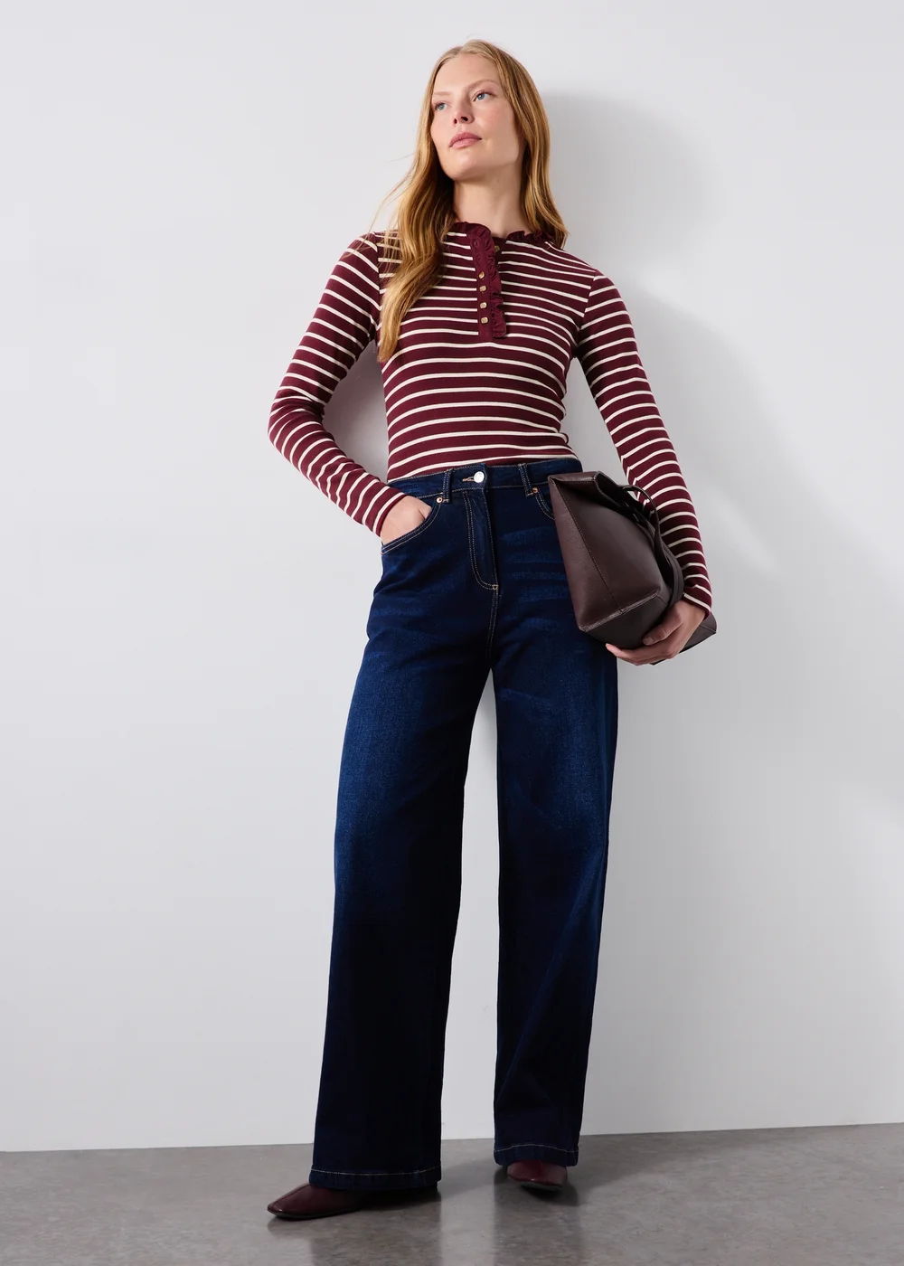 Burgundy Frill Neck Henley Striped Top - 8 Image 3