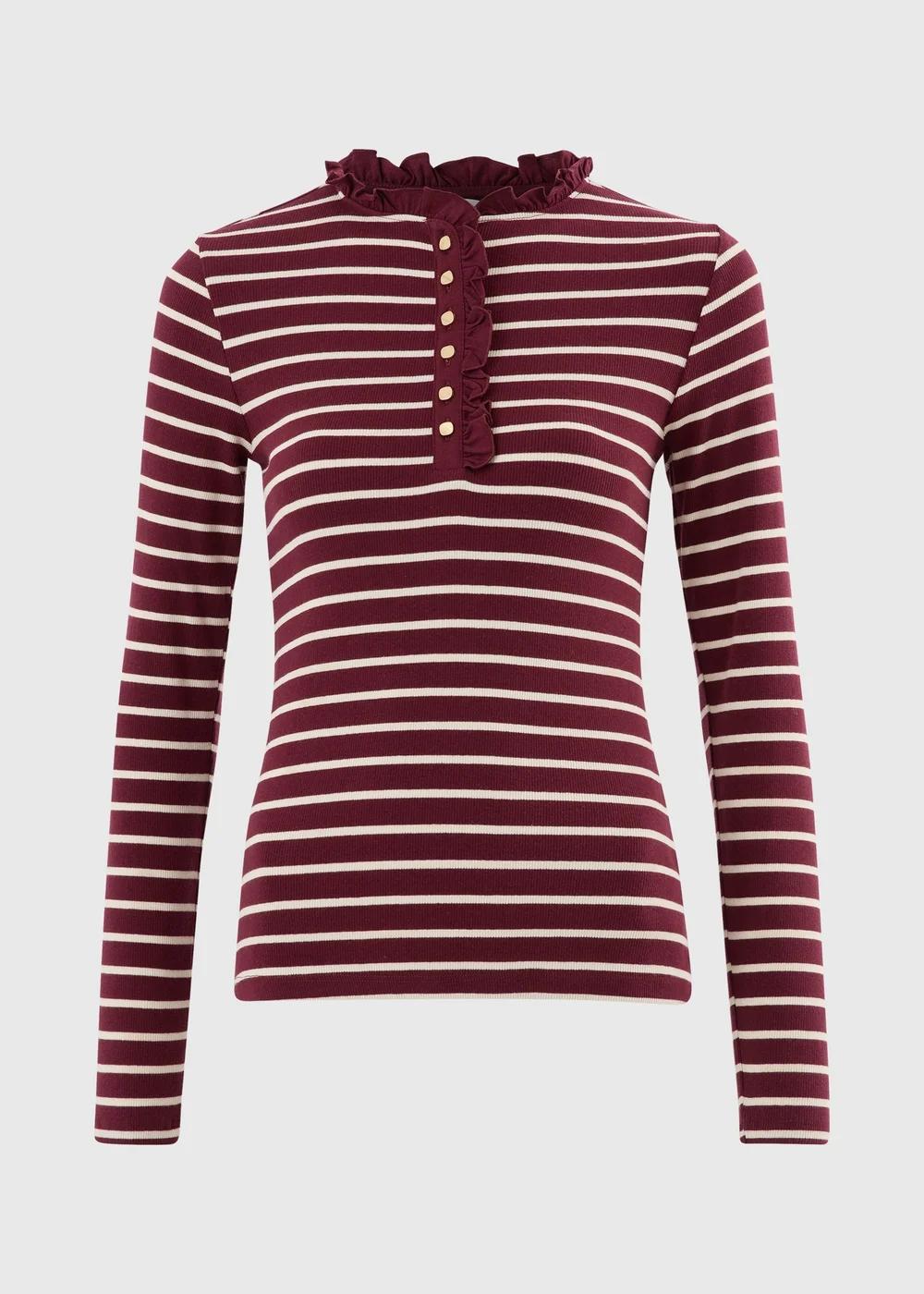 Burgundy Frill Neck Henley Striped Top - 8 Image 4