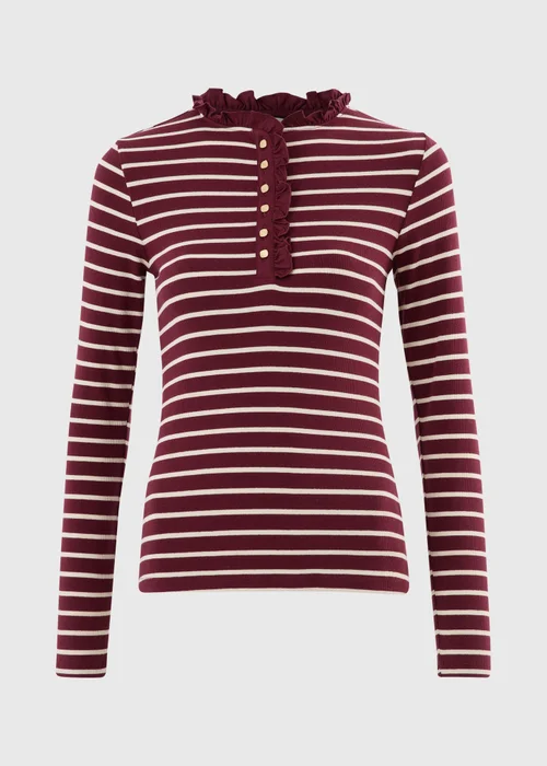 Burgundy Frill Neck Henley Striped Top - 8 Image 4