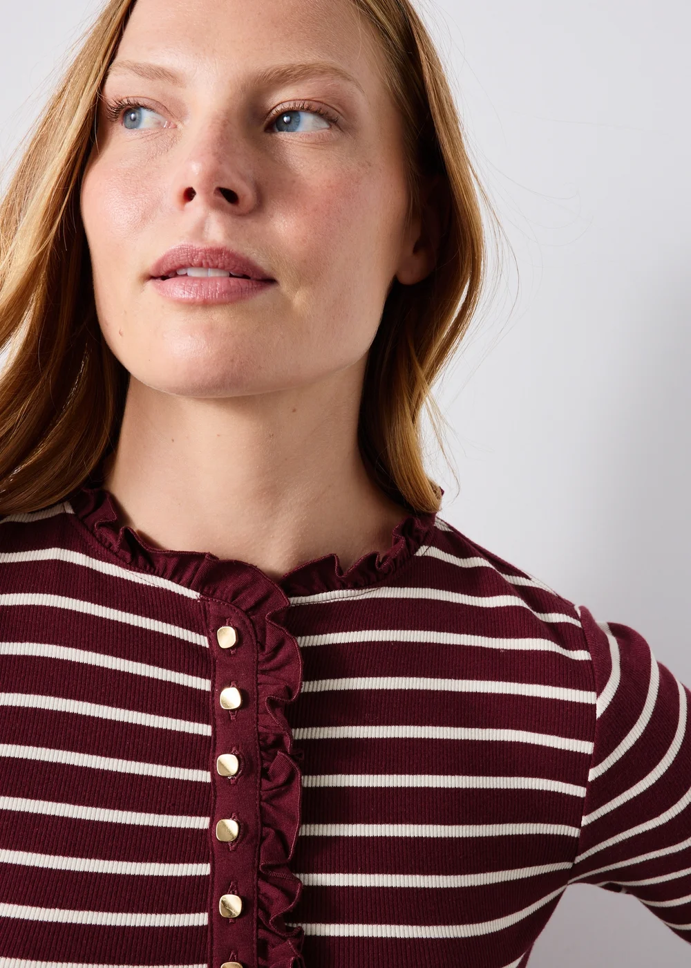 Burgundy Frill Neck Henley Striped Top - 8 Image 2