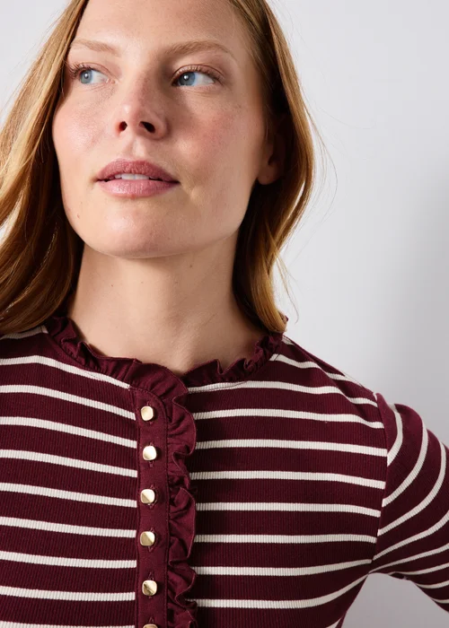 Burgundy Frill Neck Henley Striped Top - 8 Image 2