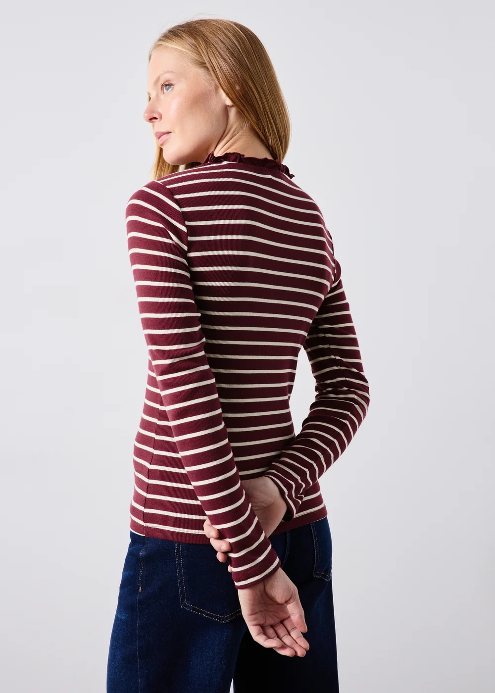Burgundy Frill Neck Henley Striped Top - 8 Image 1