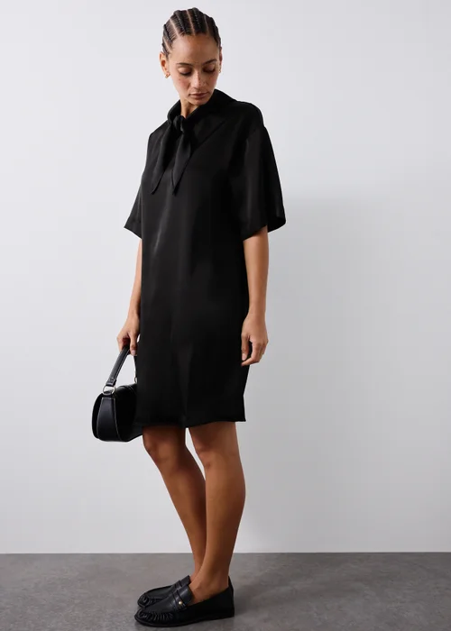 Black Satin Scarf Neck Detail Mini Dress - 8 Image 1