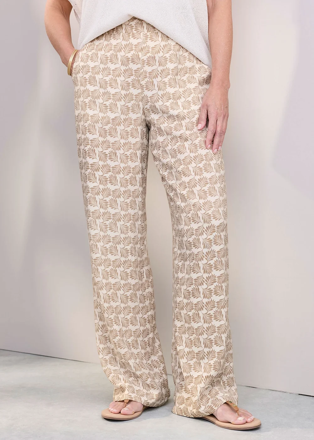 Cotton Traders Cream Cream Pull On Printed Wide Leg Trousers - 16/L29 Image 2