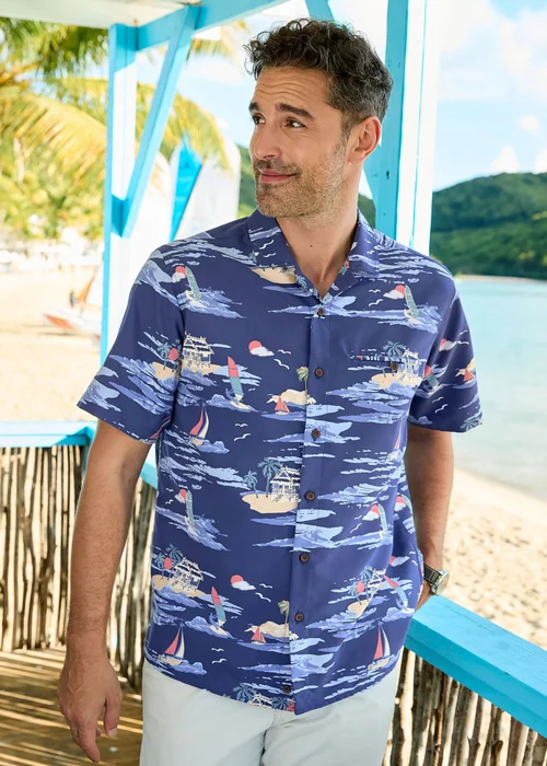 Cotton Traders Dark Blue Short Sleeve Summer Print Soft Touch Shirt - L Image 2