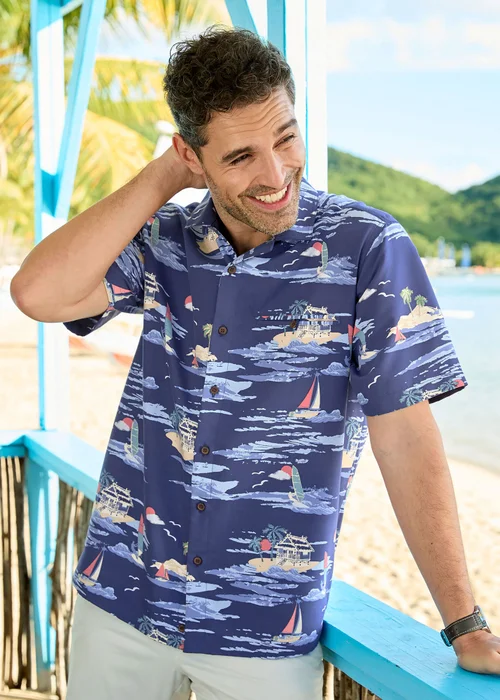 Cotton Traders Dark Blue Short Sleeve Summer Print Soft Touch Shirt - L Image 1