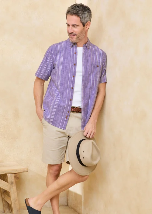 Cotton Traders Purple Short Sleeve Textured Stripe Shirt - 4XL Image 1