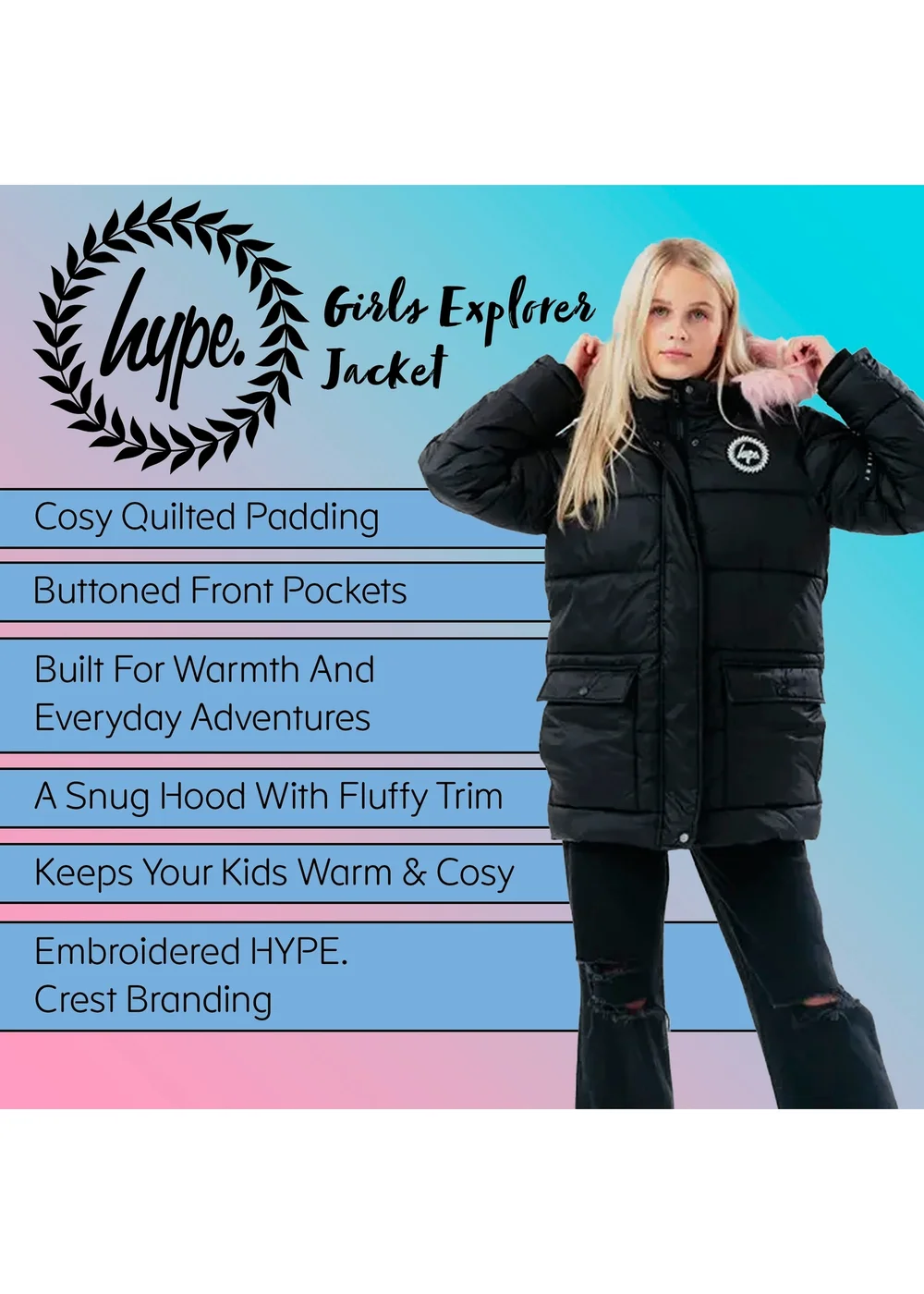 Hype Girls Black Explorer Winter Coat (5-14 Years) - 9-10 Yrs Image 5